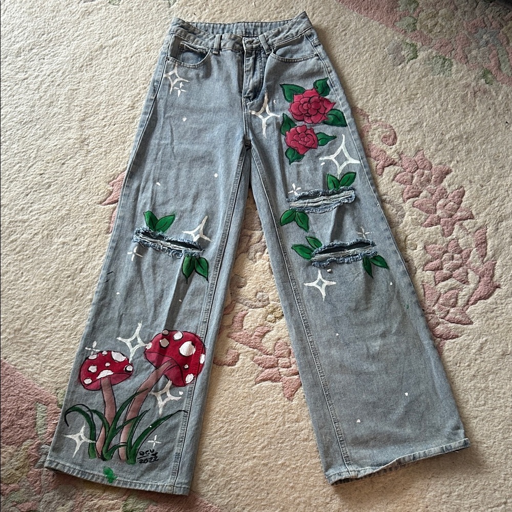 Hand painted Rose and Mushroom illustrations Distressed High Rise Wide Leg XS